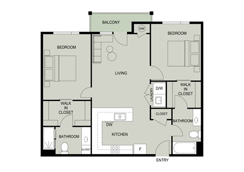 Floor plan for 2 beds, 2 baths, 1045 sqft